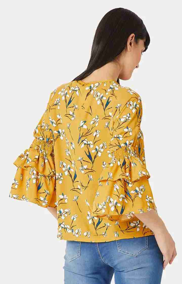 Women's Yellow Crepe PrintedCasualwear Tops