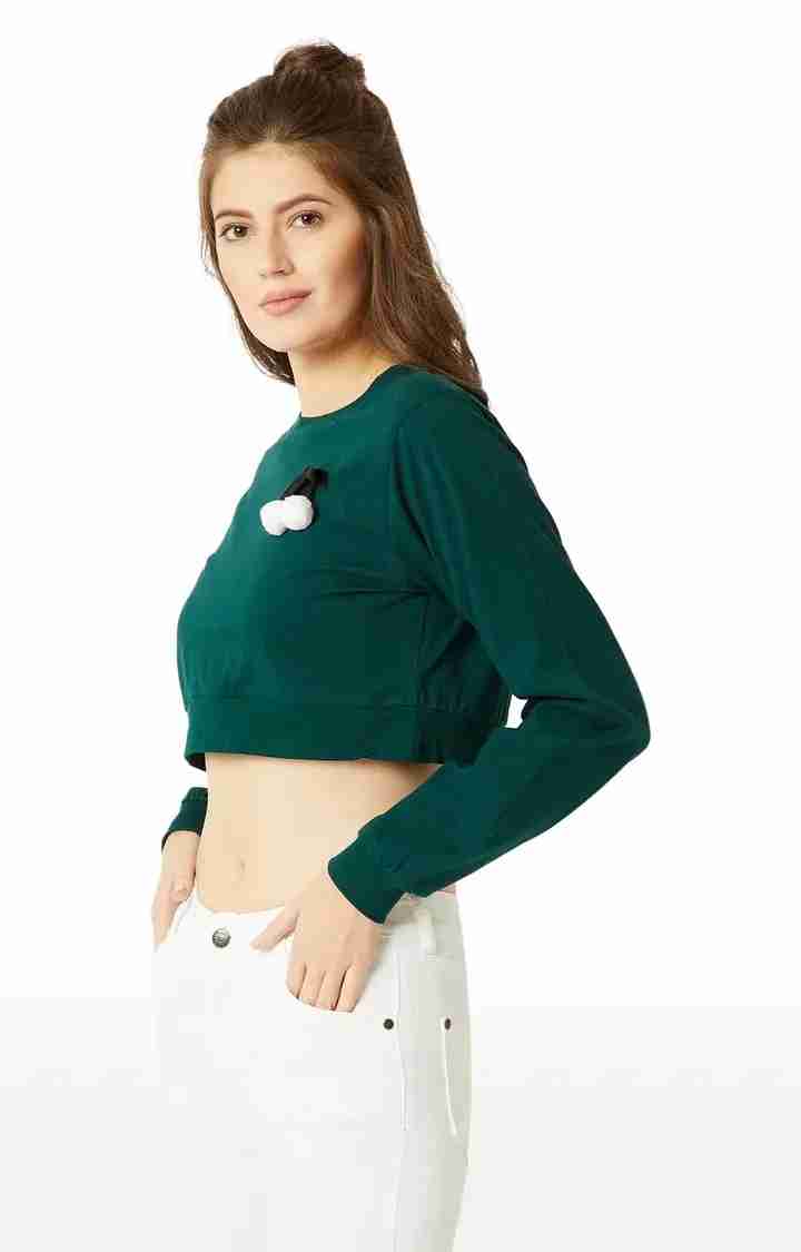 Women's Green Cotton SolidCasualwear Crop T-Shirts