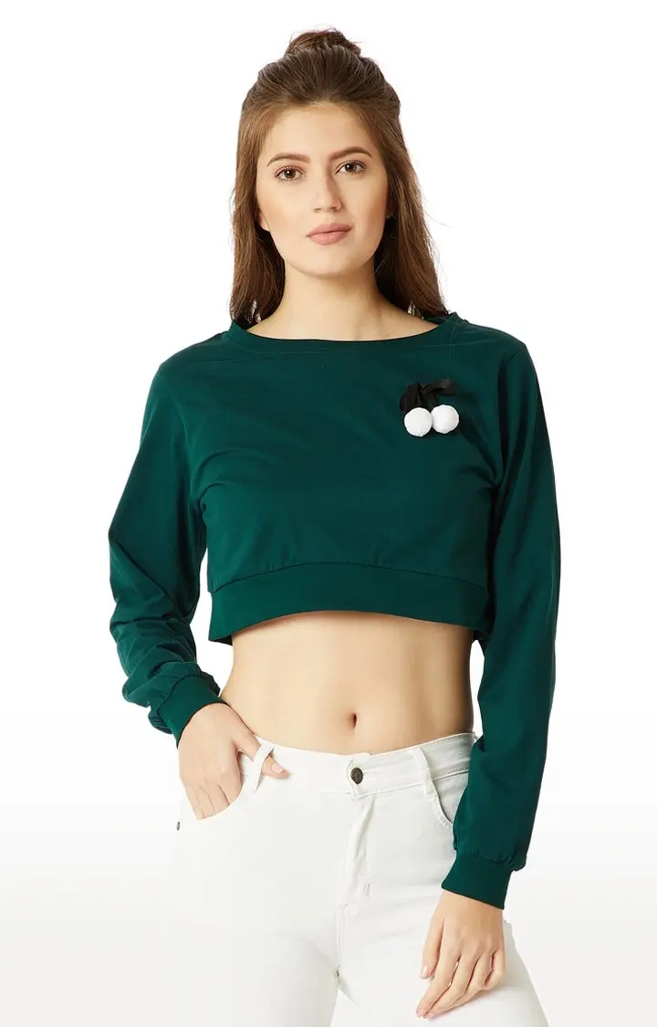 MISS CHASE | Women's Green Cotton SolidCasualwear Crop T-Shirts