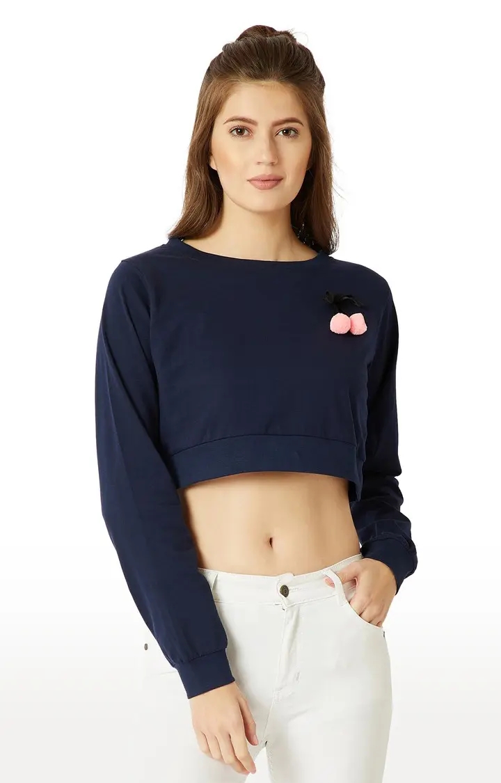 MISS CHASE | Women's Blue Cotton SolidCasualwear Crop T-Shirts