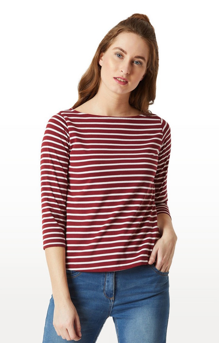 MISS CHASE | Women's Red Cotton StripedCasualwear Regular T-Shirts