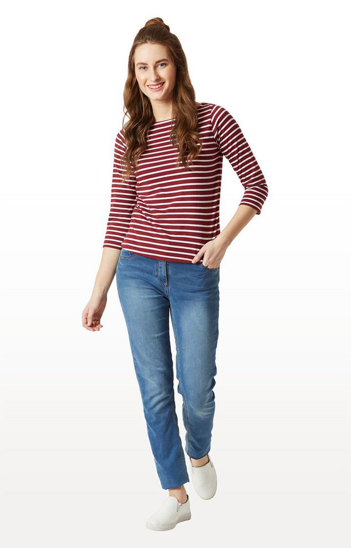 Women's Red Cotton StripedCasualwear Regular T-Shirts