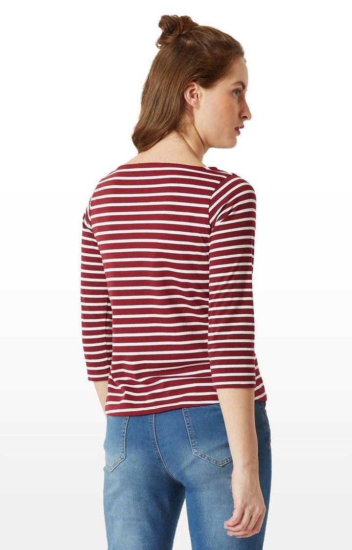 Women's Red Cotton StripedCasualwear Regular T-Shirts