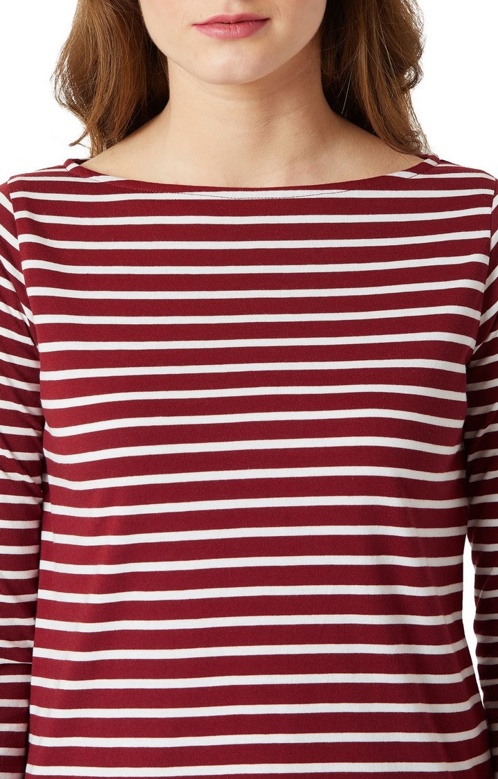 Women's Red Cotton StripedCasualwear Regular T-Shirts