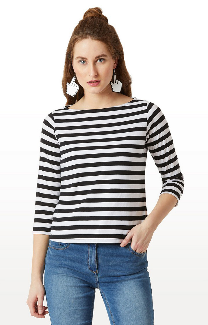 Women's Black Cotton StripedCasualwear Regular T-Shirts