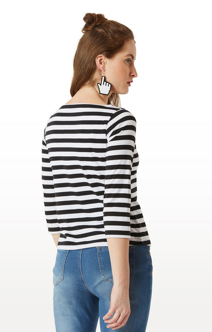 Women's Black Cotton StripedCasualwear Regular T-Shirts