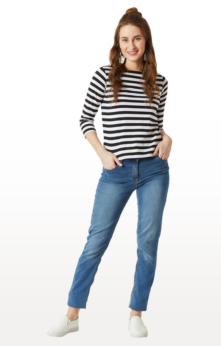 Women's Black Cotton StripedCasualwear Regular T-Shirts