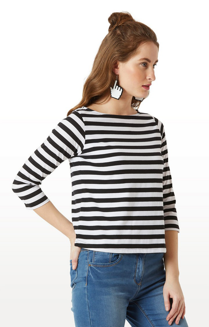 Women's Black Cotton StripedCasualwear Regular T-Shirts