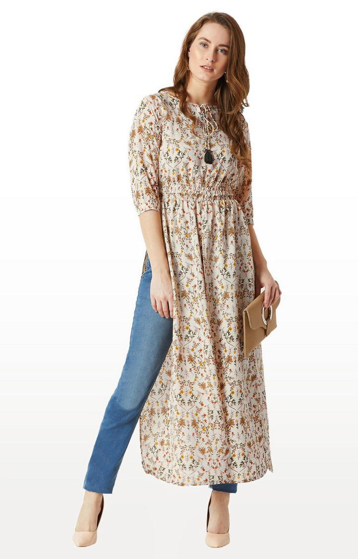 Women's Beige Crepe FloralCasualwear Maxi Top