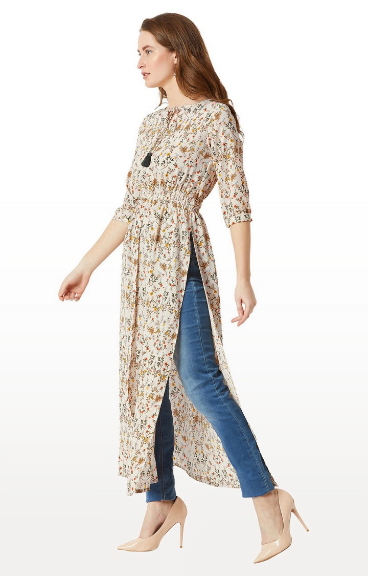 Women's Beige Crepe FloralCasualwear Maxi Top