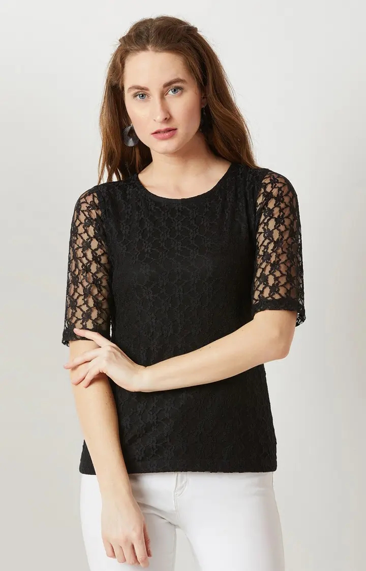 Women's Black Cotton EmbroideredCasualwear Tops