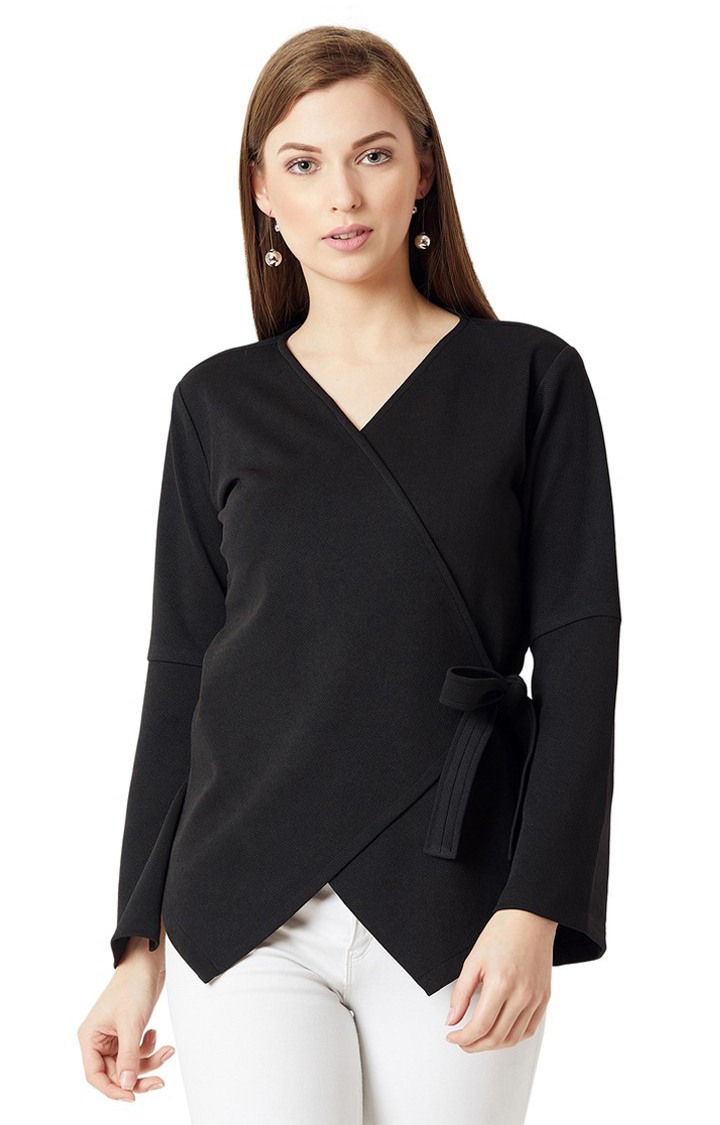 MISS CHASE | Women's Black Polyester SolidCasualwear Tops