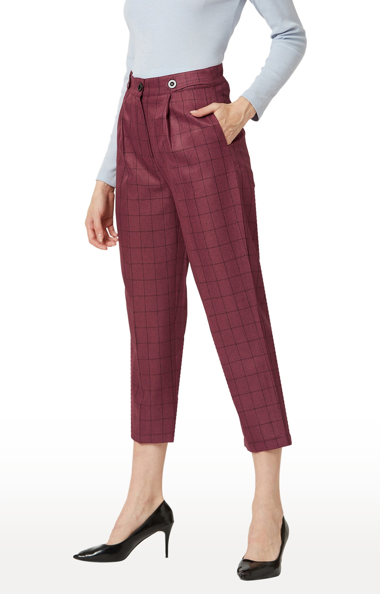 Women's Red Checked Pleated Chinos