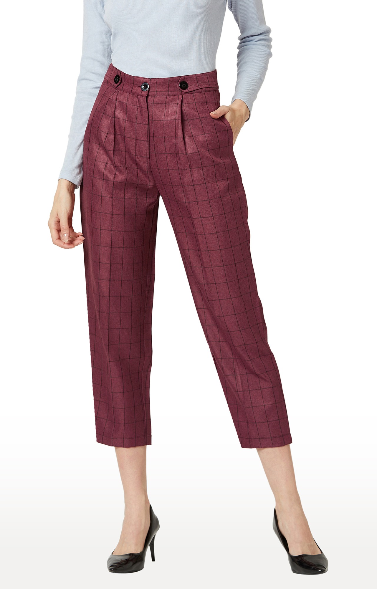 MISS CHASE | Women's Red Checked Pleated Chinos