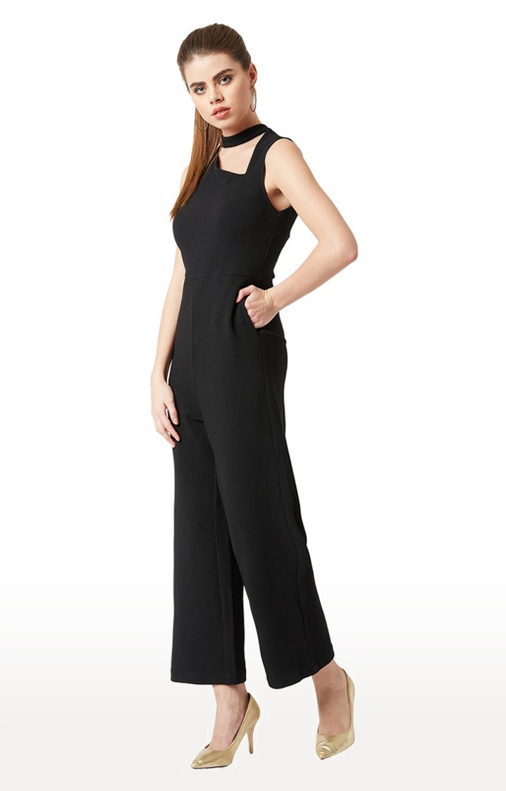 Women's Black Polyester SolidEveningwear Jumpsuits