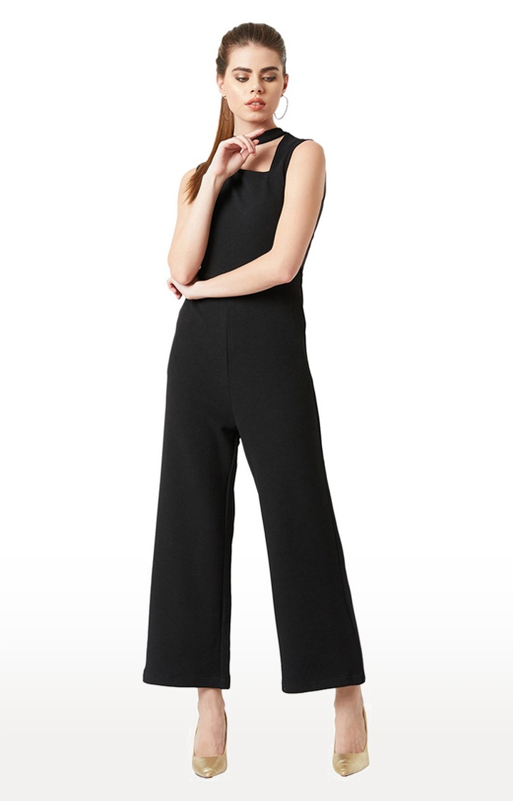Women's Black Polyester SolidEveningwear Jumpsuits