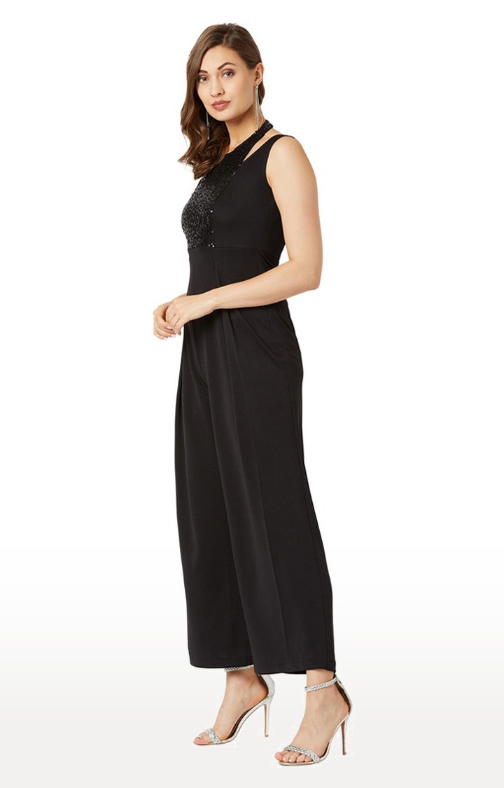 Women's Black Polyester SolidEveningwear Jumpsuits