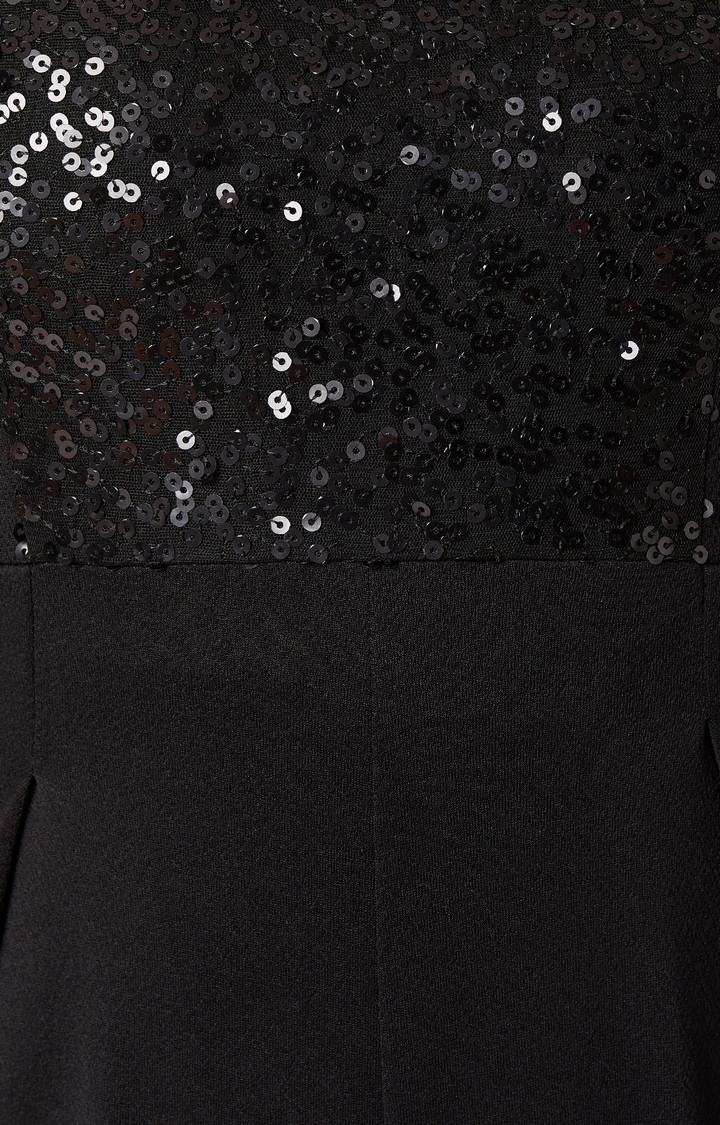 Women's Black Polyester SolidEveningwear Jumpsuits