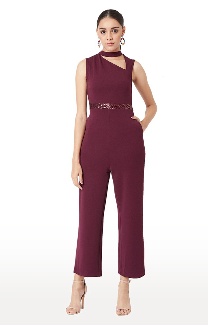 MISS CHASE | Women's Red Polyester SolidEveningwear Jumpsuits