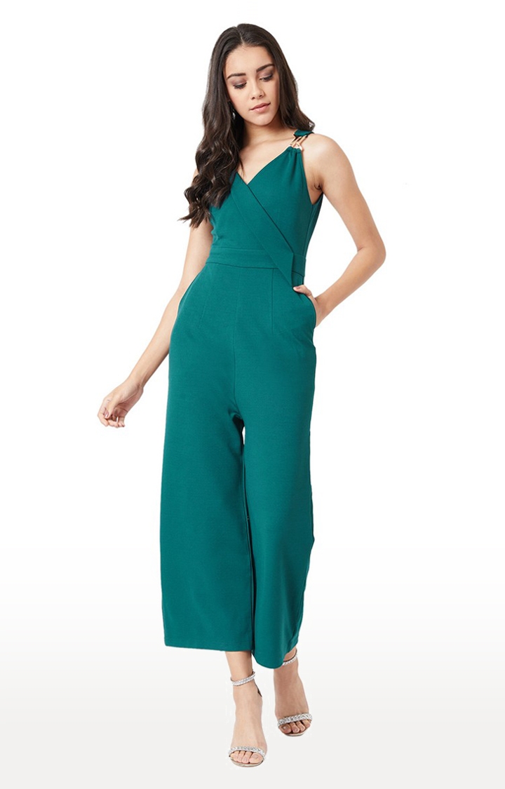 MISS CHASE | Women's Green Polyester SolidCasualwear Jumpsuits