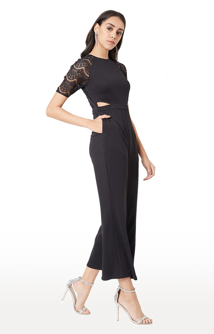 Women's Black Polyester SolidCasualwear Jumpsuits