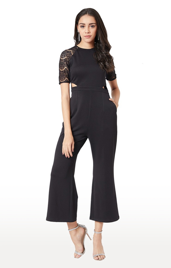 Women's Black Polyester SolidCasualwear Jumpsuits