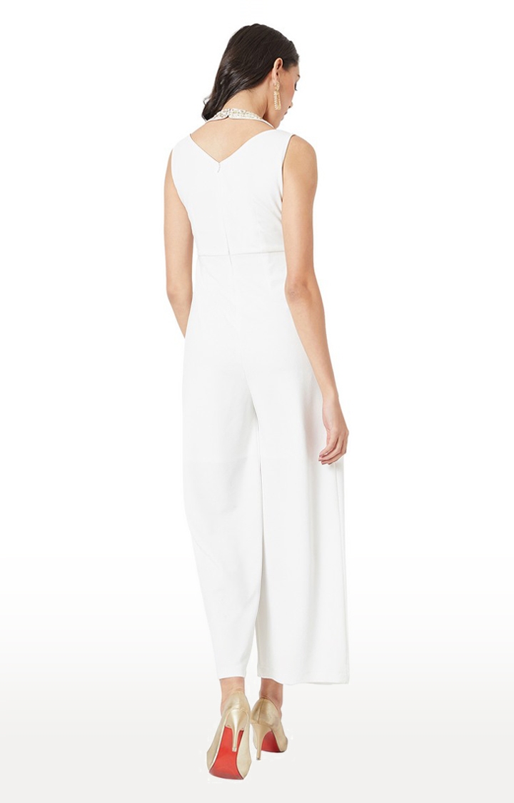 Women's White Polyester SolidEveningwear Jumpsuits