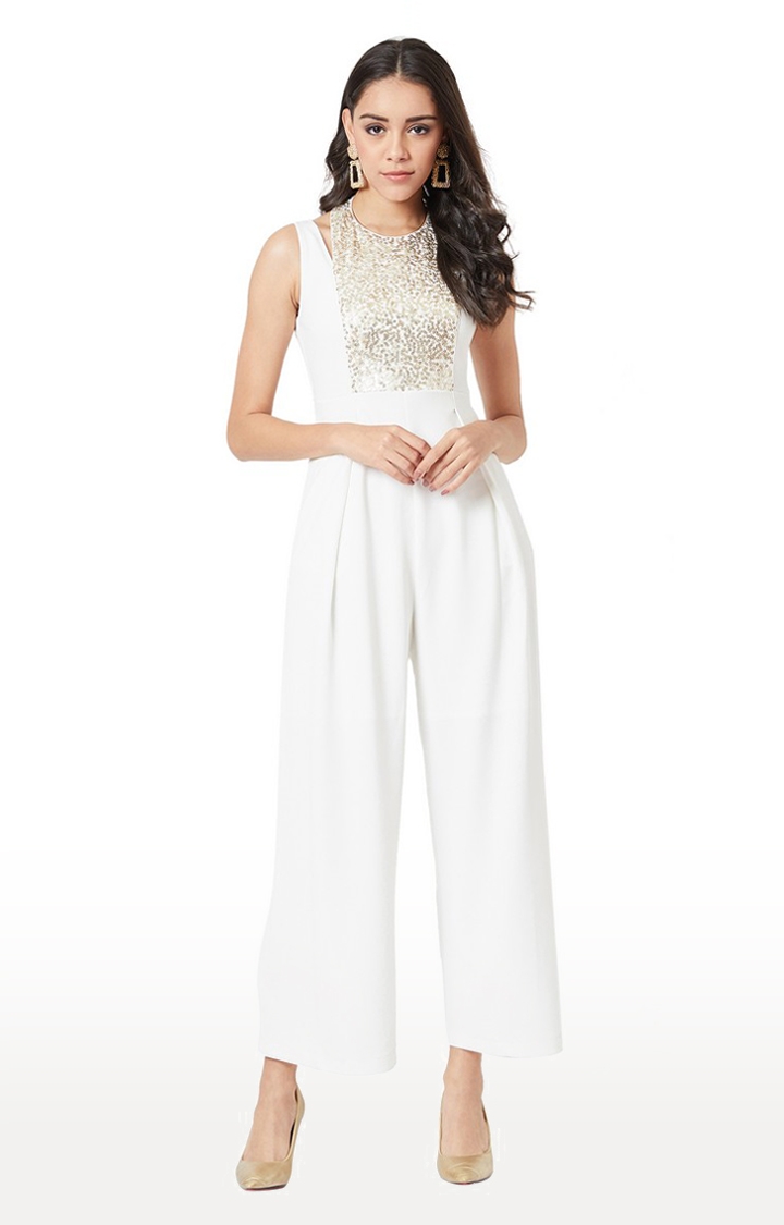 MISS CHASE | Women's White Polyester SolidEveningwear Jumpsuits