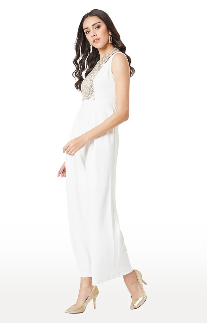 Women's White Polyester SolidEveningwear Jumpsuits