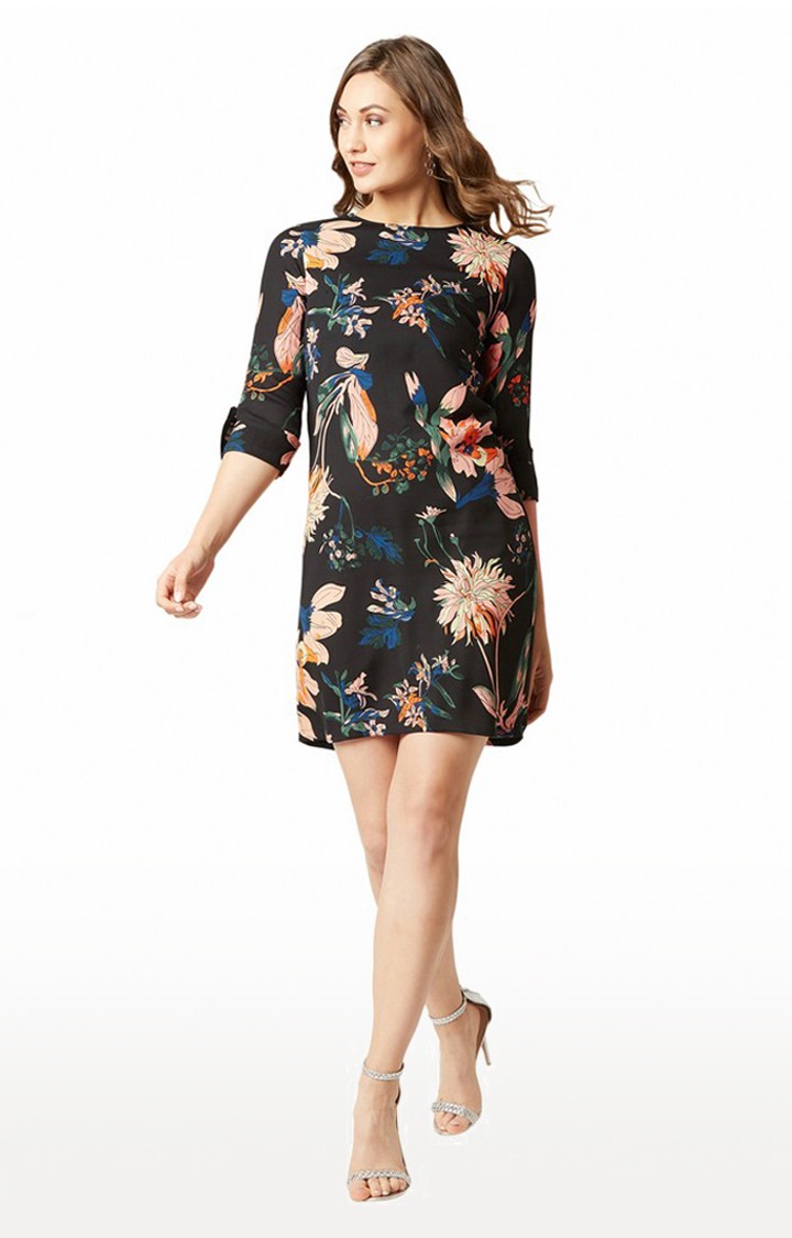 Women's Black Crepe FloralCasualwear Shift Dress
