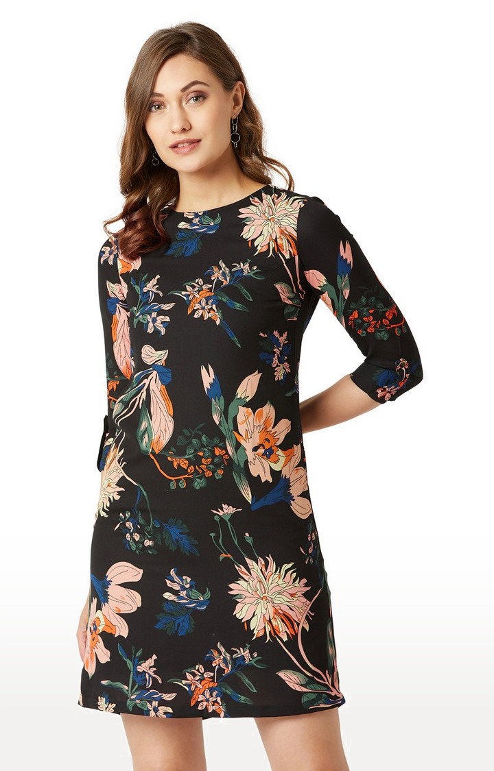 MISS CHASE | Women's Black Crepe FloralCasualwear Shift Dress