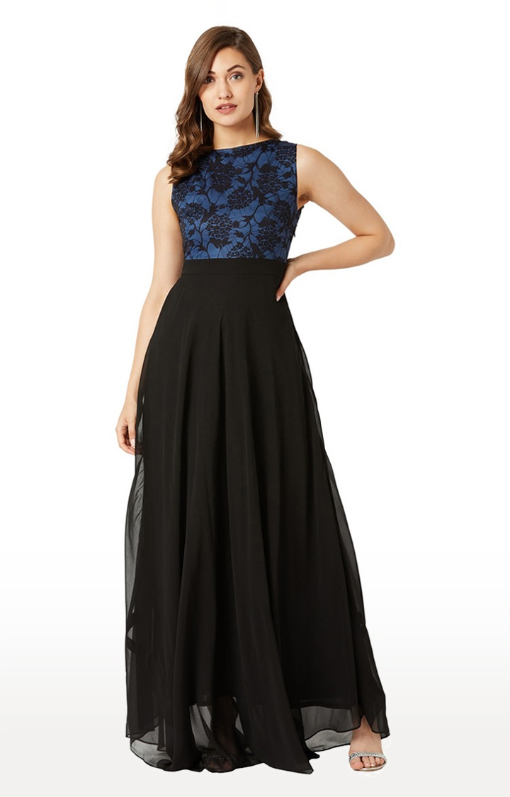 MISS CHASE | Women's Blue Georgette FloralEveningwear Maxi Dress