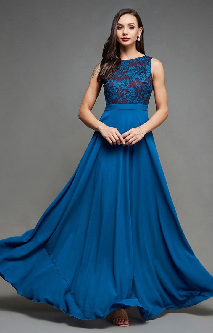MISS CHASE | Women's Blue Georgette EmbroideredEveningwear Gowns
