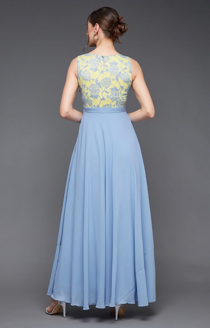Women's Blue Polyester EmbroideredEveningwear Gowns
