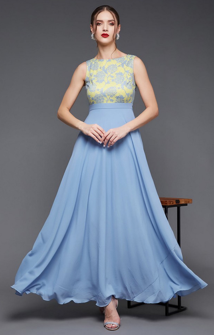 MISS CHASE | Women's Blue Polyester EmbroideredEveningwear Gowns