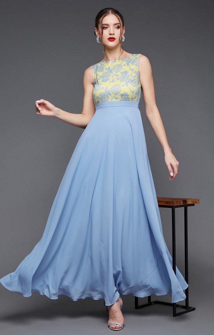 Women's Blue Polyester EmbroideredEveningwear Gowns