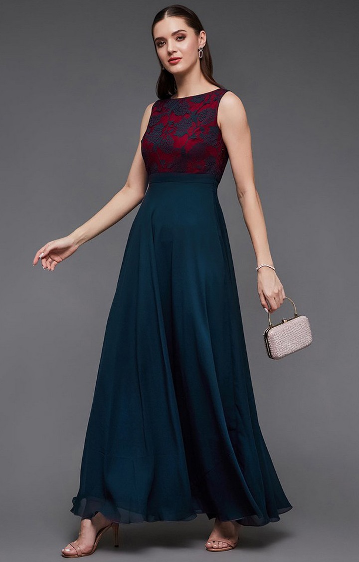 Women's Blue Georgette EmbroideredEveningwear Gowns