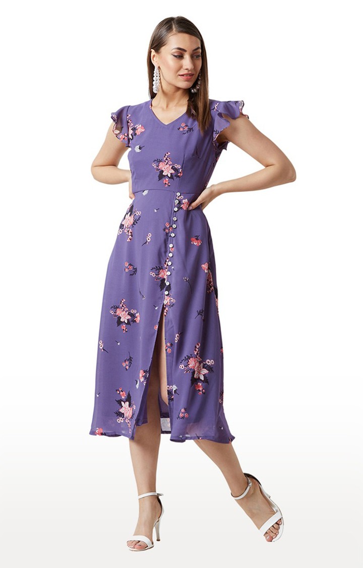 Women's Purple Georgette FloralCasualwear Skater Dress