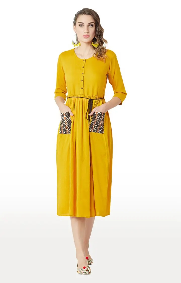 Women's Yellow Solid Skater Dress