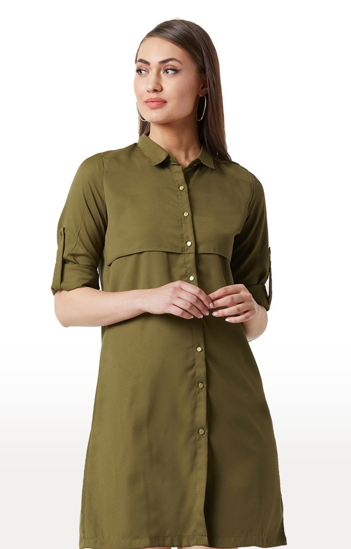Women's Green Solid Shirt Dress