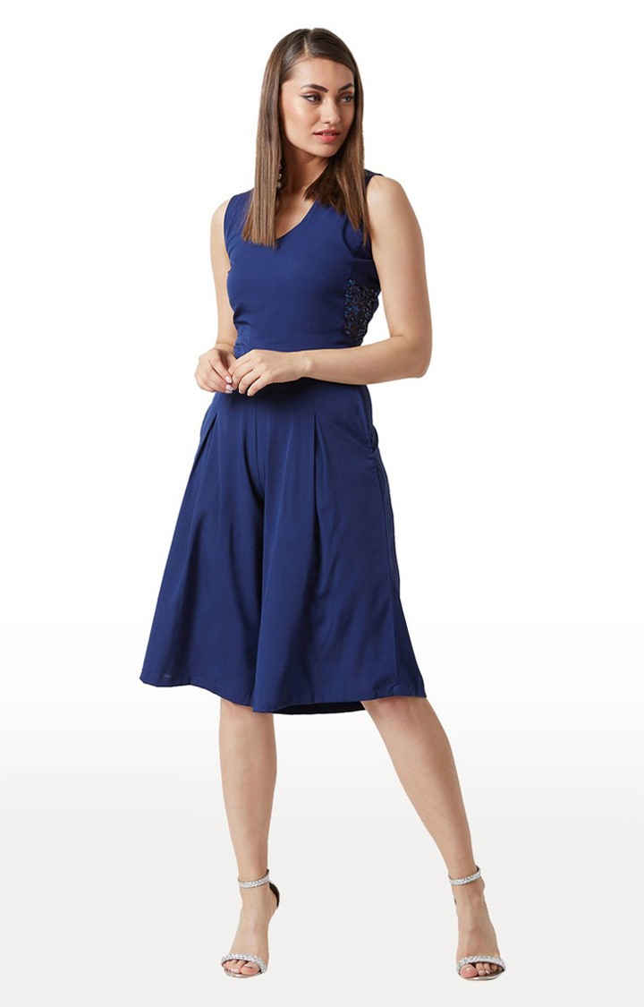 Women's Blue Crepe SolidCasualwear Jumpsuits