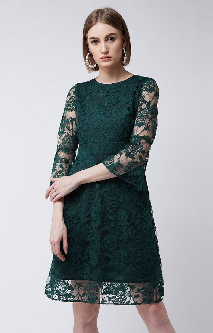 MISS CHASE | Women's Green Lace  Fit & Flare Dress
