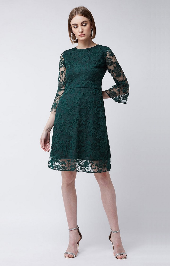 Women's Green Lace  Fit & Flare Dress
