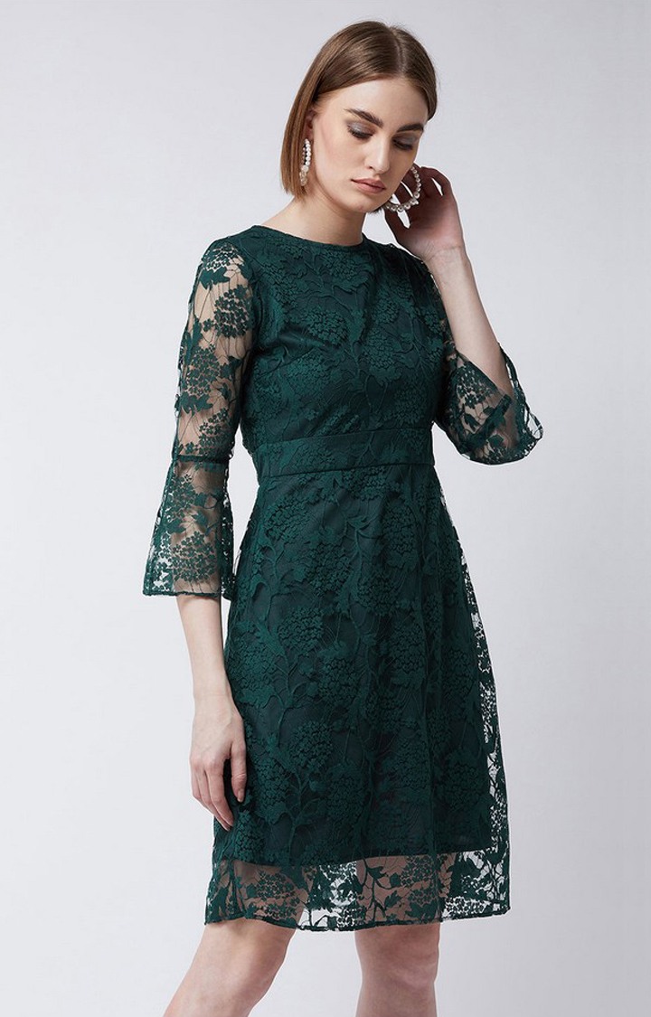 Women's Green Lace  Fit & Flare Dress