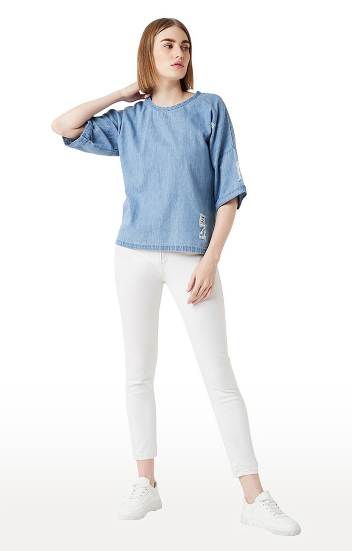Women's Blue Denim SolidCasualwear Tops
