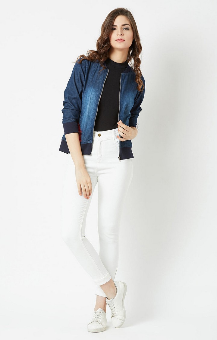 Women's Blue Cotton SolidCasualwear Denim Jackets