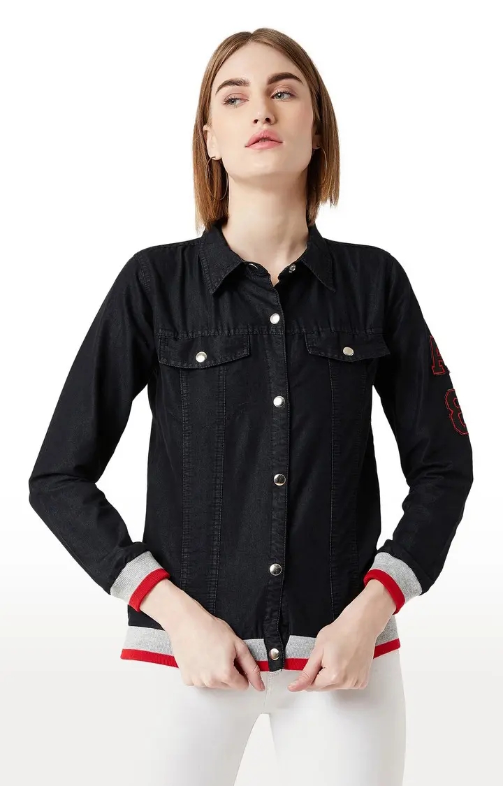 Women's Black Denim SolidCasualwear Denim Jackets