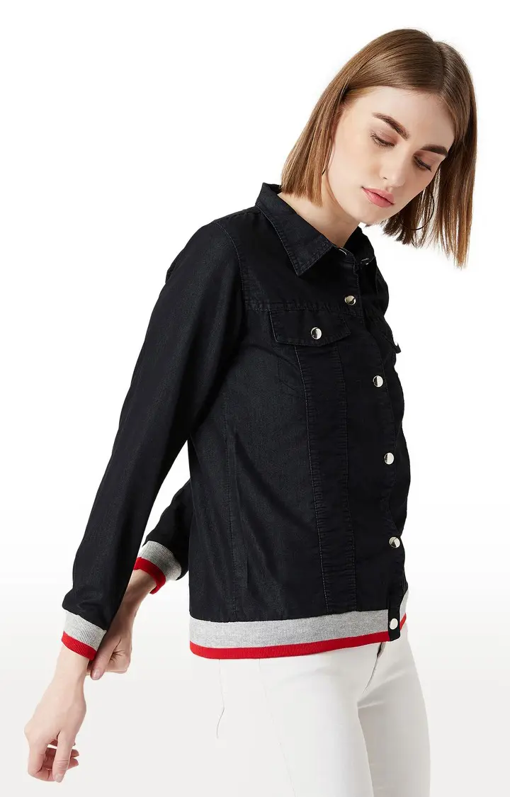 Women's Black Denim SolidCasualwear Denim Jackets