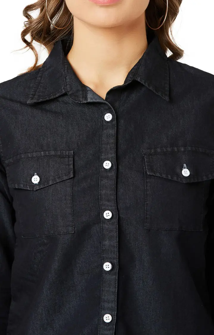 Women's Black Denim SolidCasualwear Denim Jackets