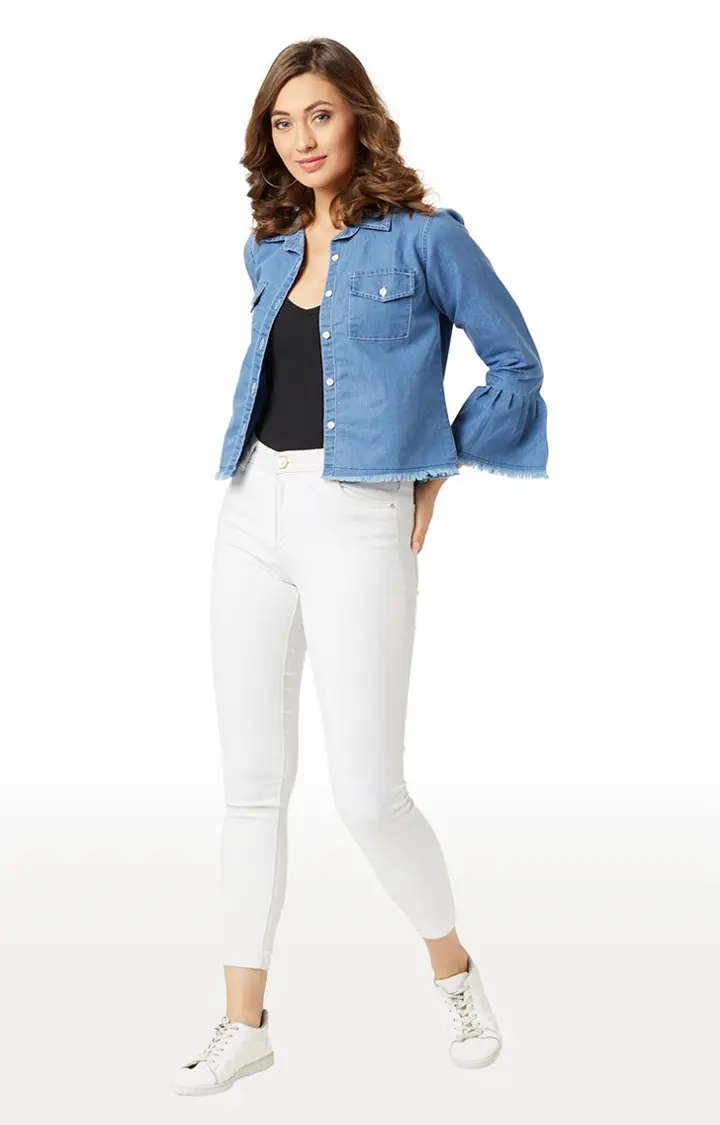 Women's Blue Denim SolidCasualwear Denim Jackets